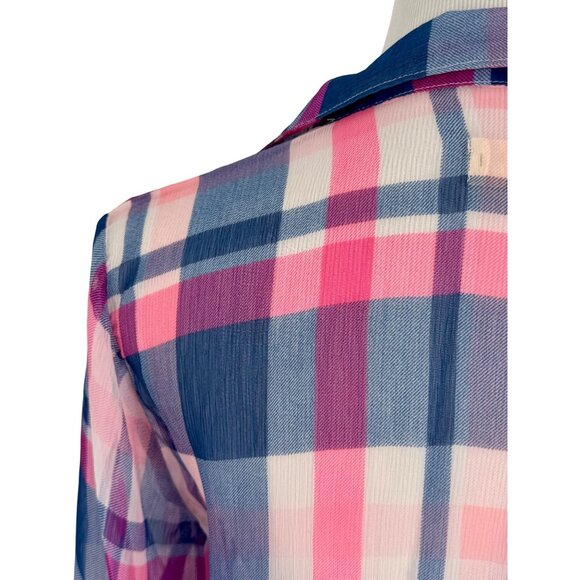 Hollister 2016 Pink & Blue Sheer Plaid Button-Up & Roll Cuffs Casual Relaxed Top - Picture 8 of 13